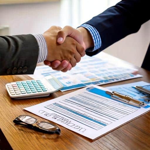 Firefly Zwei Menschen die sich die Hand geben der eine im Anzug. Auf dem Pult liegt ein Taschenrechn